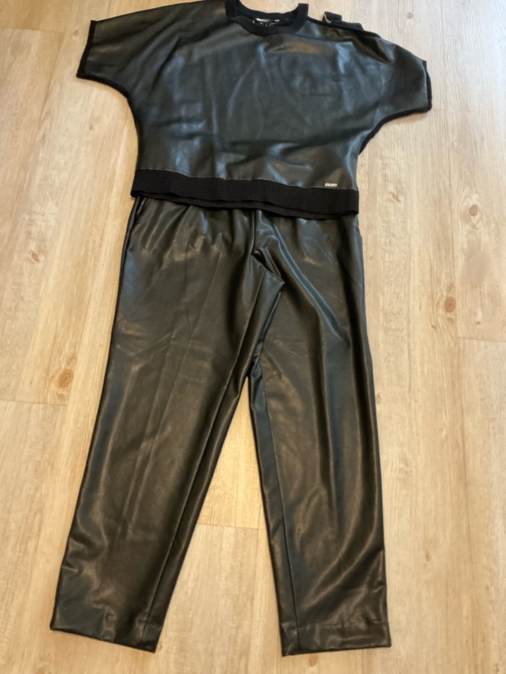 Donna Karan Black Faux Leather Two-Piece Pantsuit